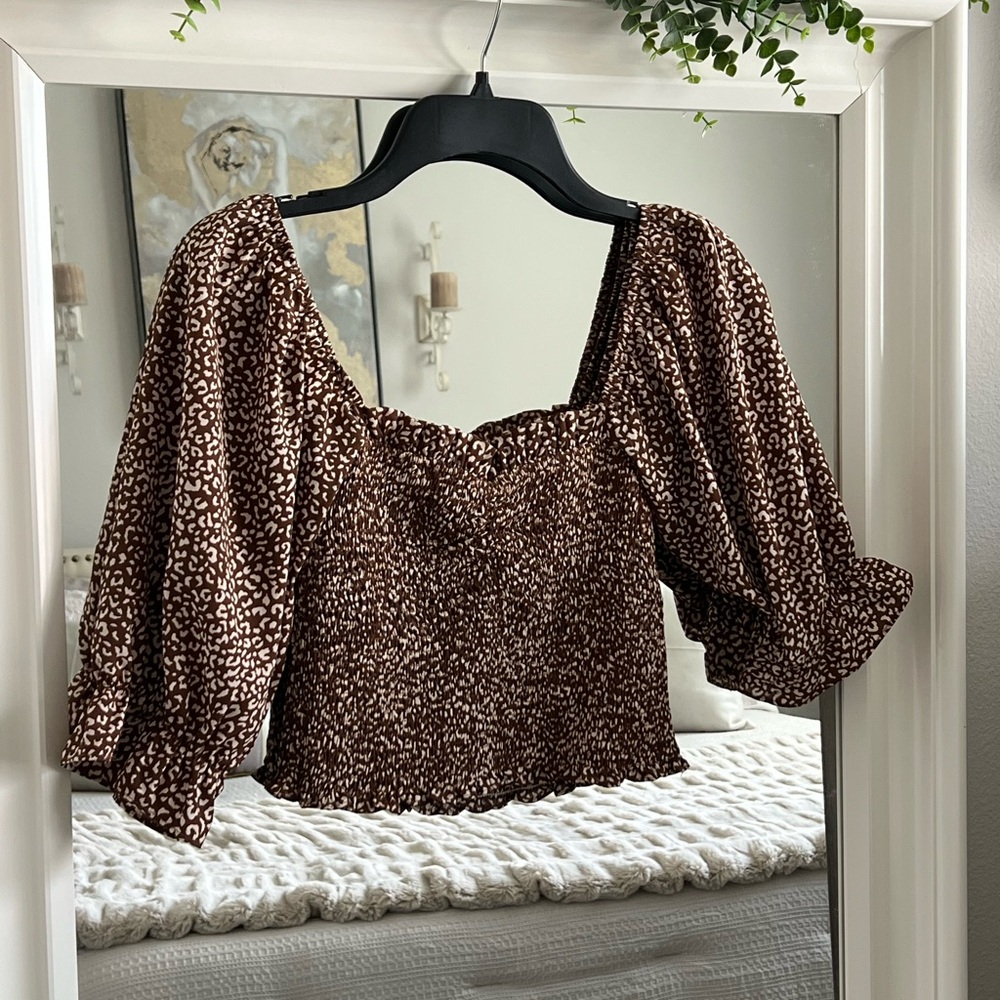 Kittenish Brown Printed Smocked Puff-Sleeve Blouse